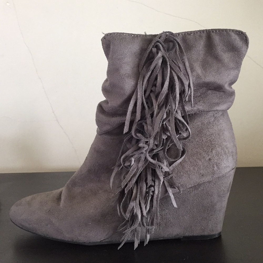 Gray suede wedge boots